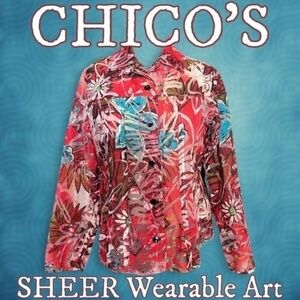 CHICOS Burnout Sheer Multicolor Jacket-Style Button Front Blouse